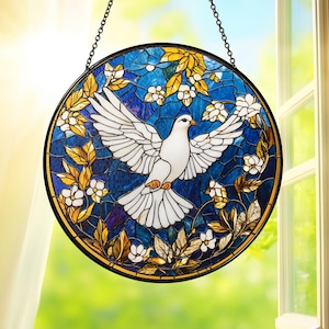 White Dove Stained Glass Suncatcher Round Window Hanging, Peace Bird Sun Catcher, Christian Home Decoration, White Dove Lovers Gift