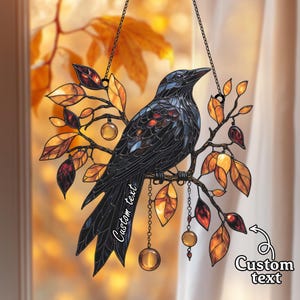 Autumn Raven Suncatcher – Gothic Faux Stained Glass Window Hanging