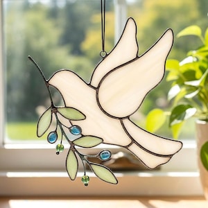 Stained Glass Dove Suncatcher With Olive Branch, Handcrafted Peace Bird Window Hanging Art