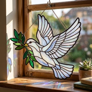 Peace Dove Stained Glass Suncatcher, Olive Branch Decor, Spiritual Gift