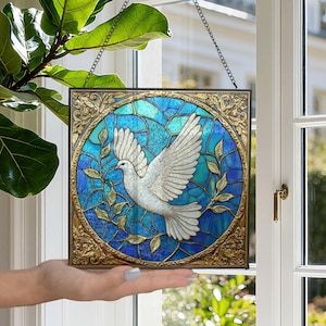 Dove Laurel Stained Glass Suncatcher, Christian Window Hanging Memorial Gifts, Pigeon Bird Inspired Glass Art, Anniversary Birthday Wedding